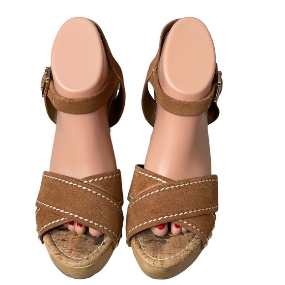 Sam Edelman Suede Leather Wedge Sandals Size 9.5 Brown Cairo Wooden Heel - Picture 2 of 9